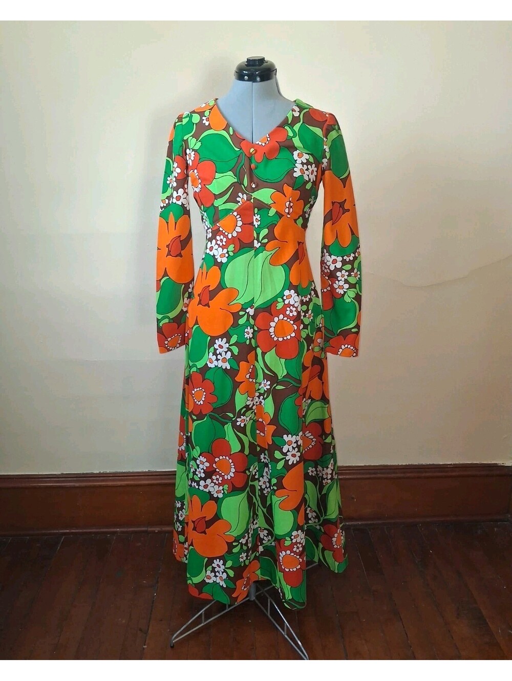 1970s Floral Hippy Dress, Long Sleeve Maxi Dress Polyester Homemade Sz Medium